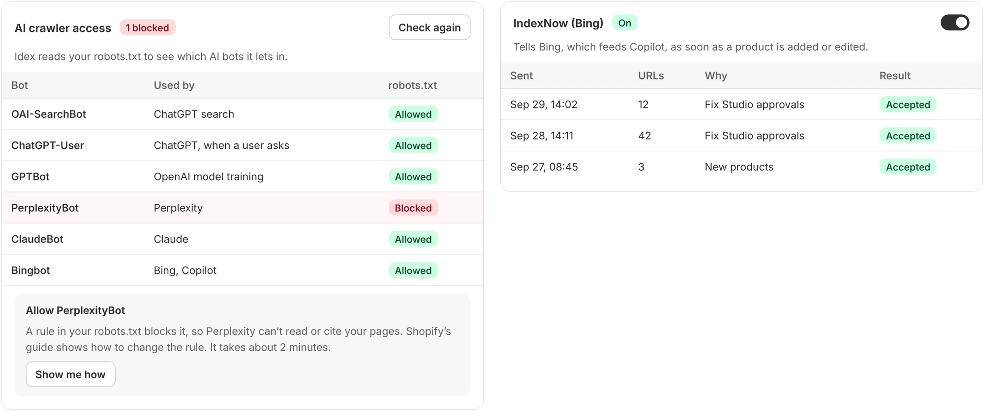 AI crawler access with PerplexityBot blocked and the steps to allow it, next to the IndexNow log of pages sent to Bing.