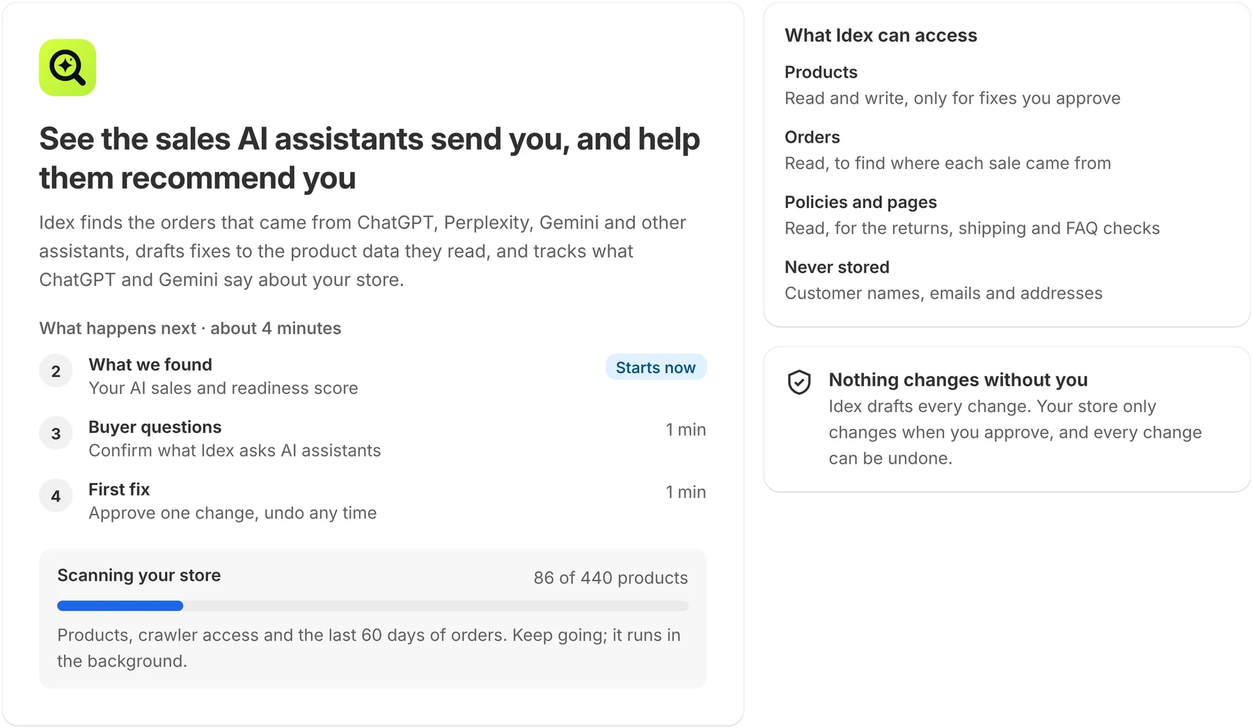The Welcome step: what happens next, the store scan in progress, and what Idex can access.